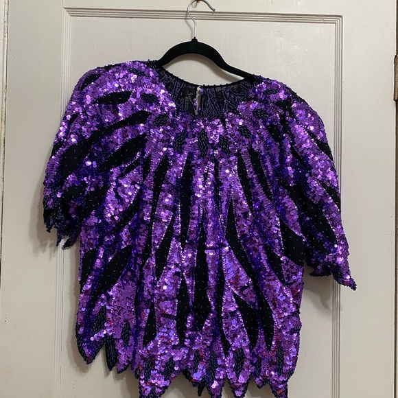 Vintage 80s Iris Purple and Black Sequin Blouse - Picture 1 of 8
